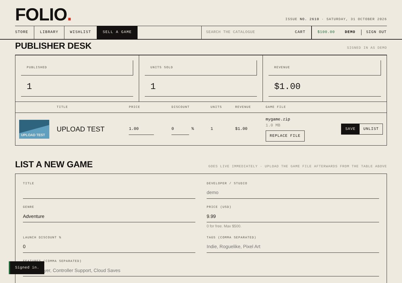 The publisher desk with sales statistics and the upload button