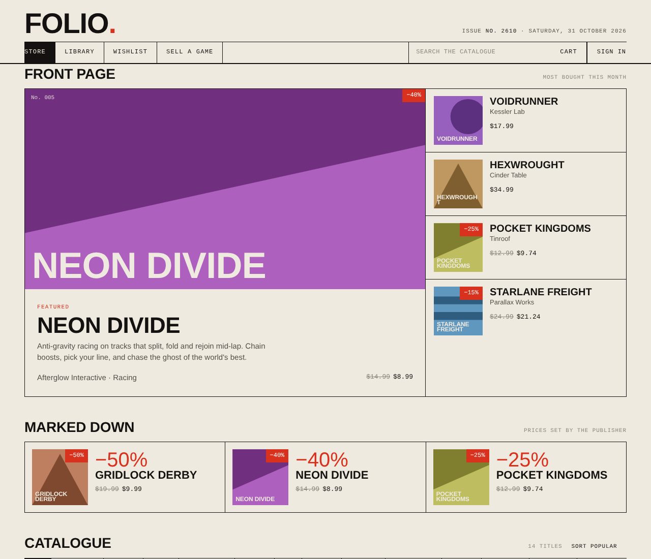 The FOLIO front page: featured game, marked-down strip and the catalogue grid